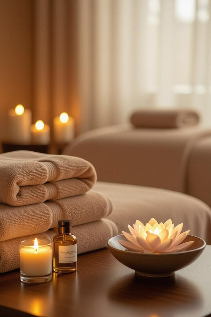 Aromatherapy oils and candles used in Mesopotamia Spa treatments